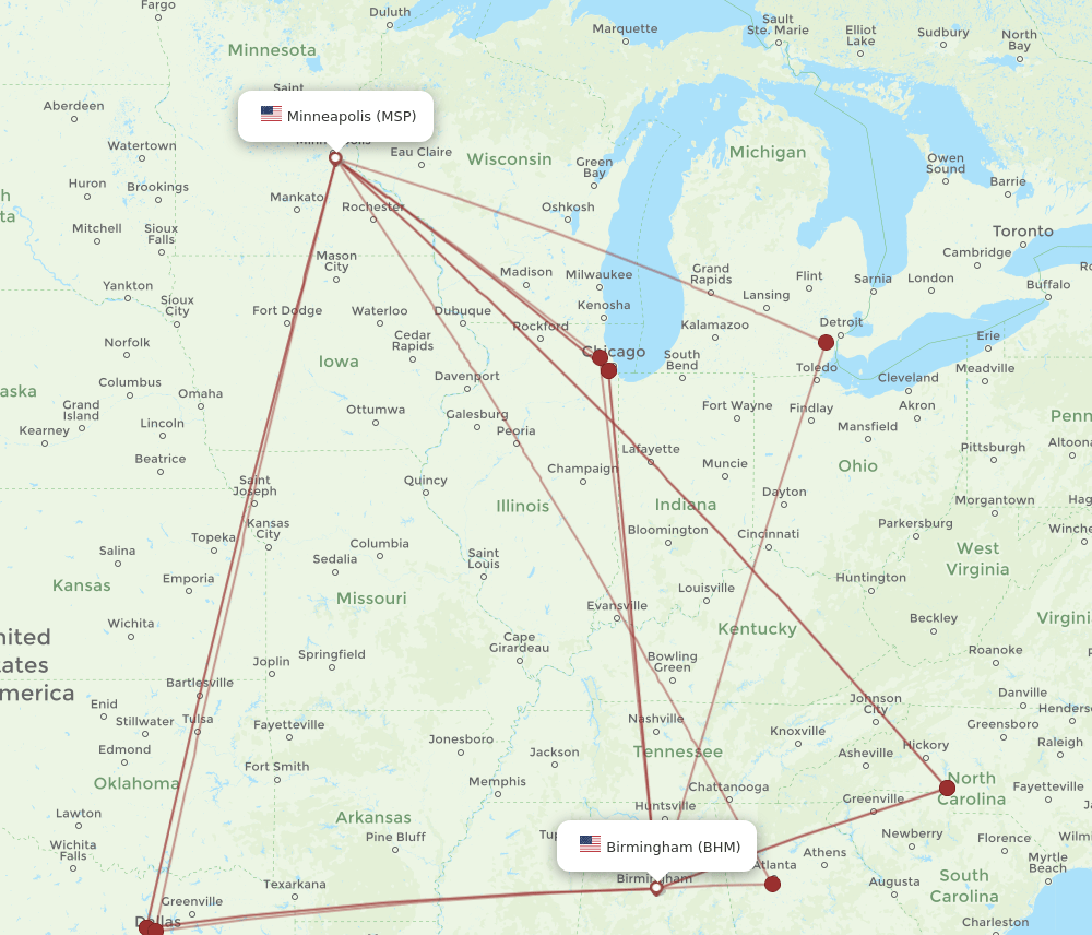 MSP-BHM flight routes