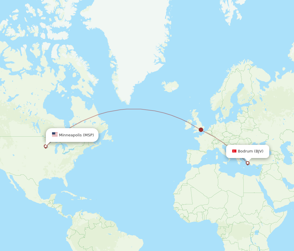 Minneapolis - Bodrum route map and flight paths