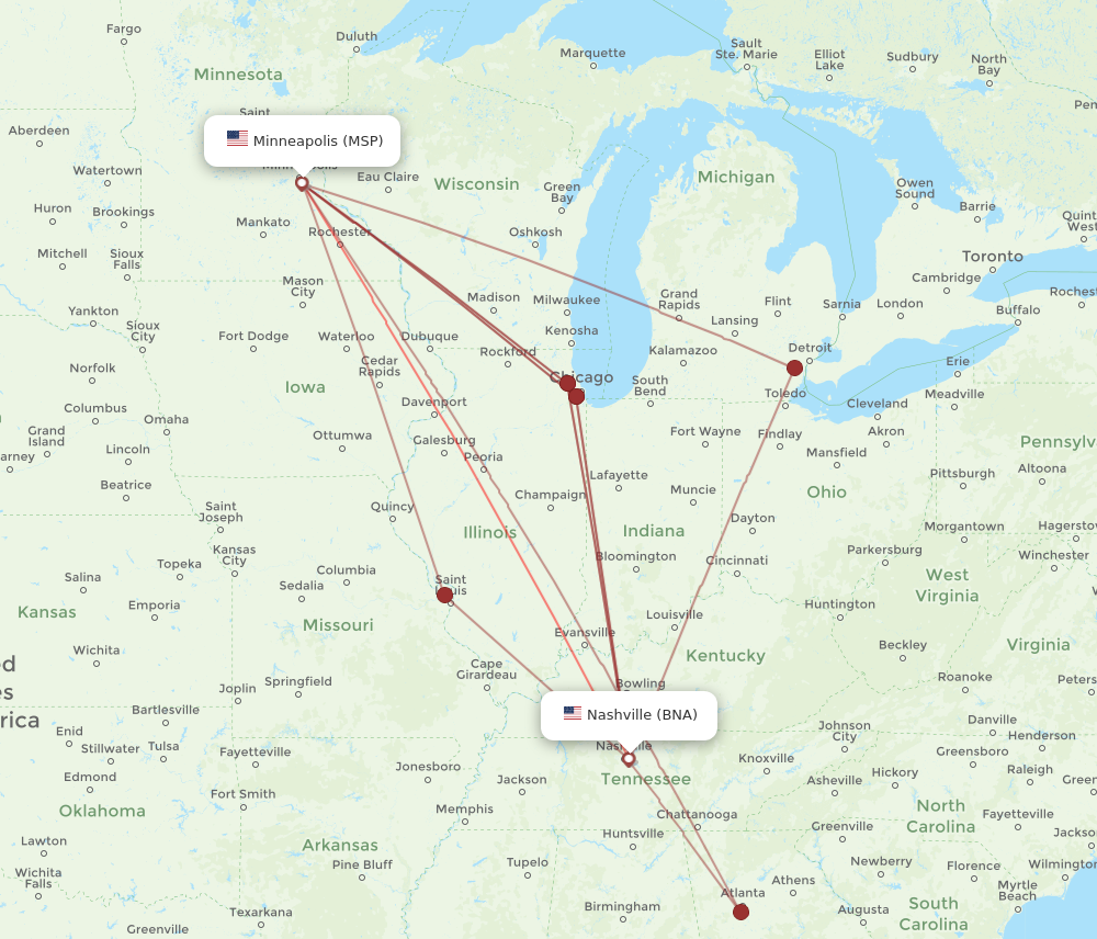 MSP to BNA flights and routes map