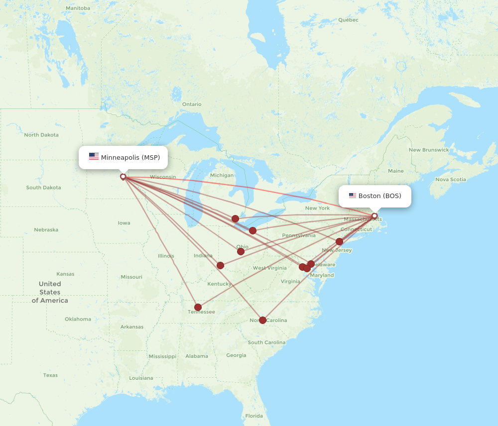 MSP to BOS flights and routes map