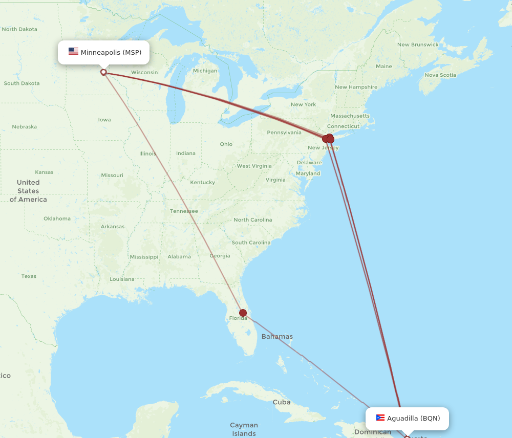 MSP to BQN flights and routes map