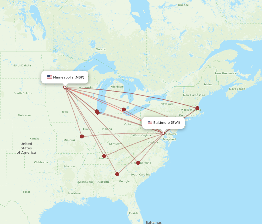 MSP to BWI flights and routes map