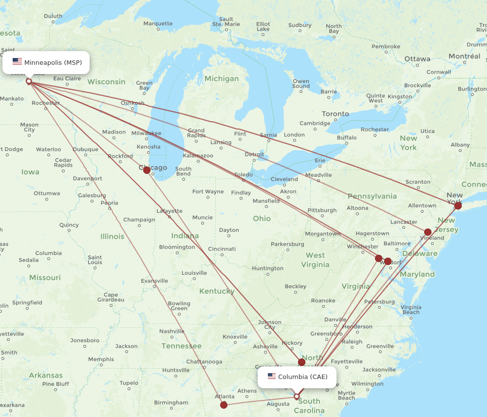 MSP to CAE flights and routes map