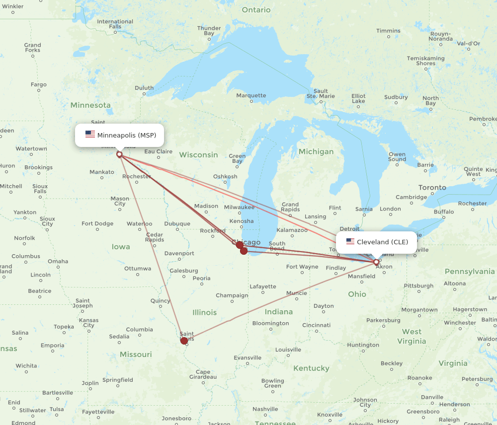 MSP to CLE flights and routes map