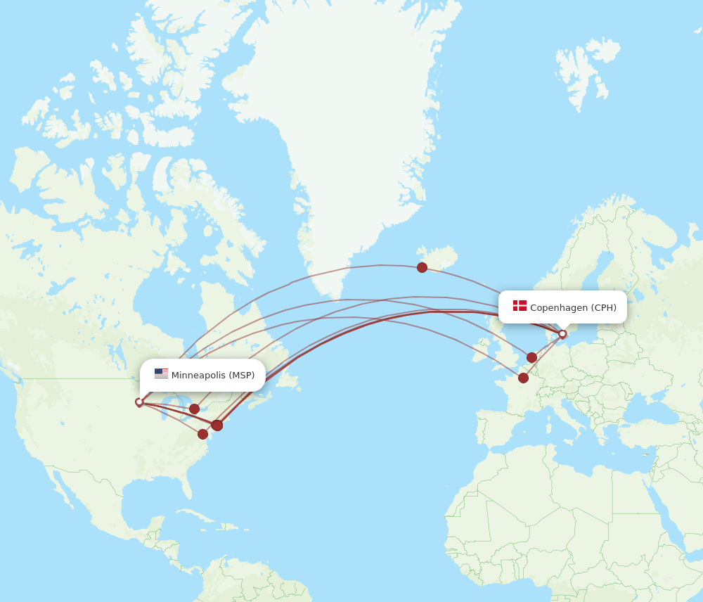 MSP to CPH flights and routes map