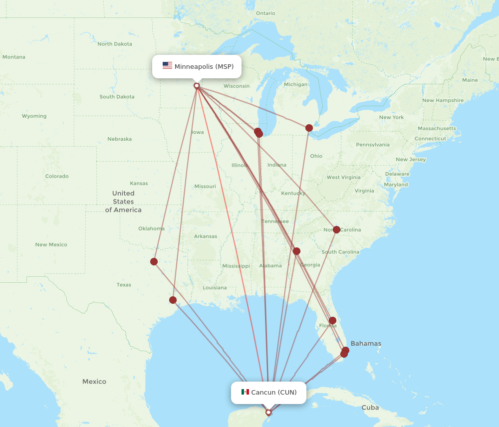 MSP to CUN flights and routes map