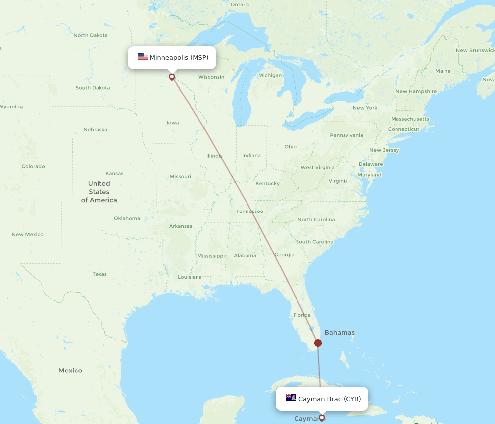 Cayman Brac Island - Minneapolis route map and flight paths