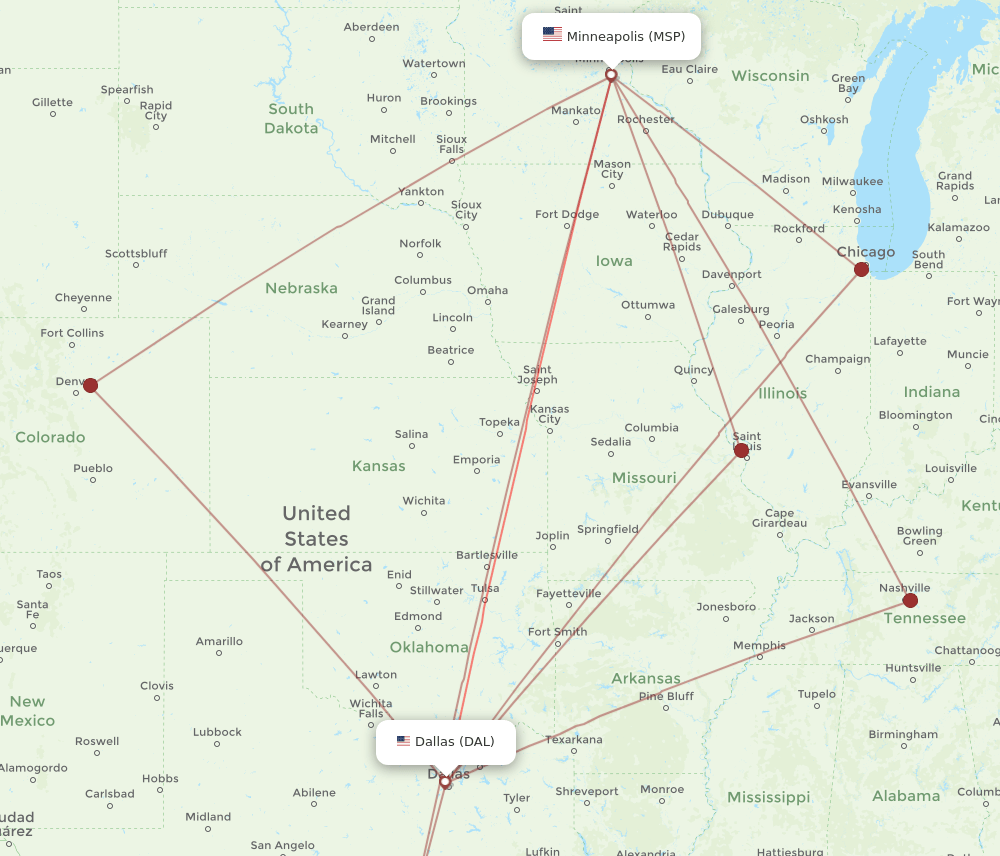 MSP-DAL flight routes