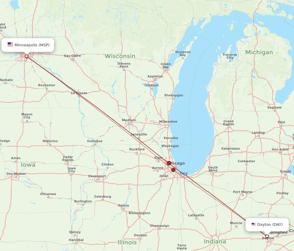 MSP to DAY flights and routes map