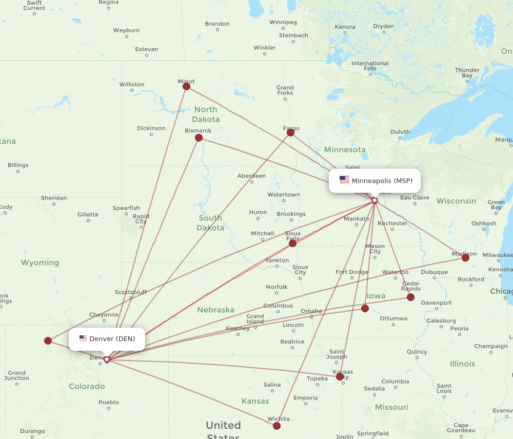 MSP to DEN flights and routes map