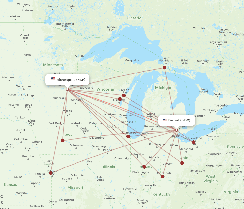 MSP-DTW flight routes