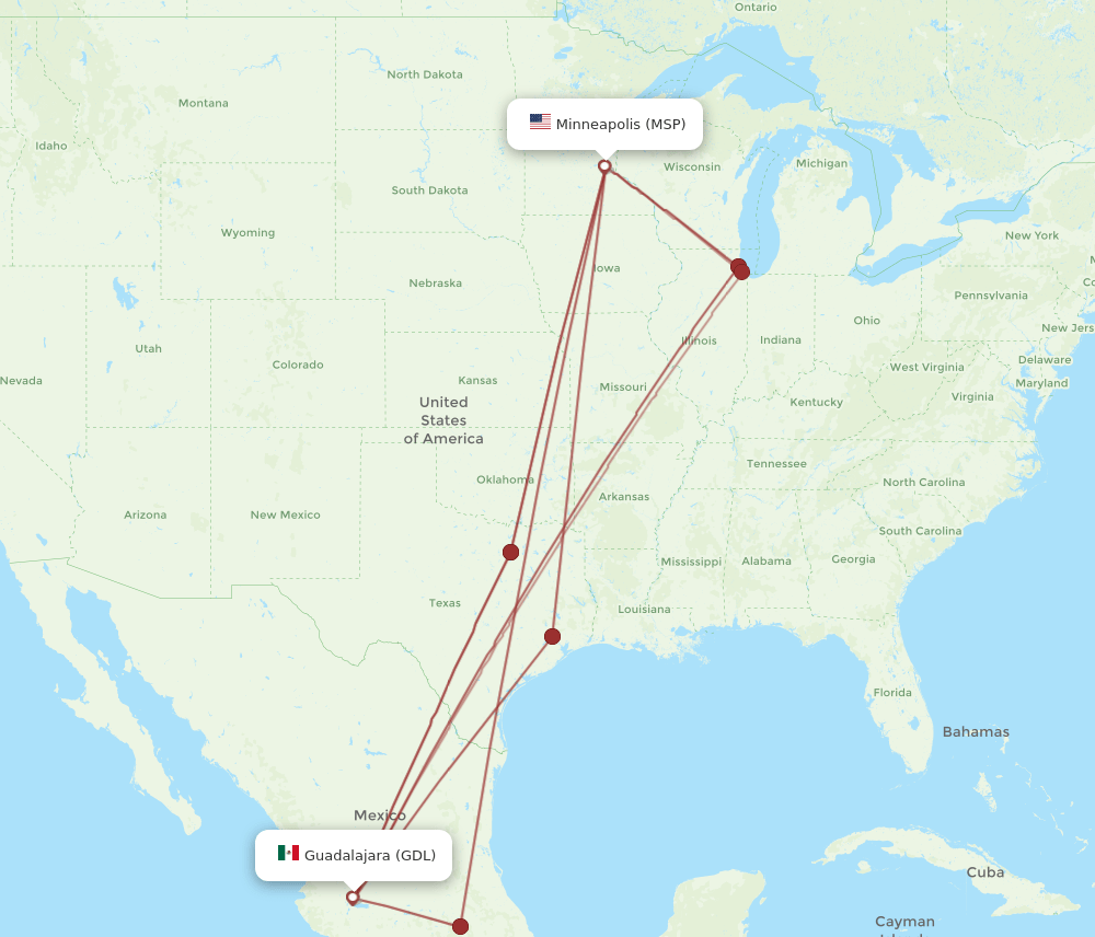 MSP to GDL flights and routes map