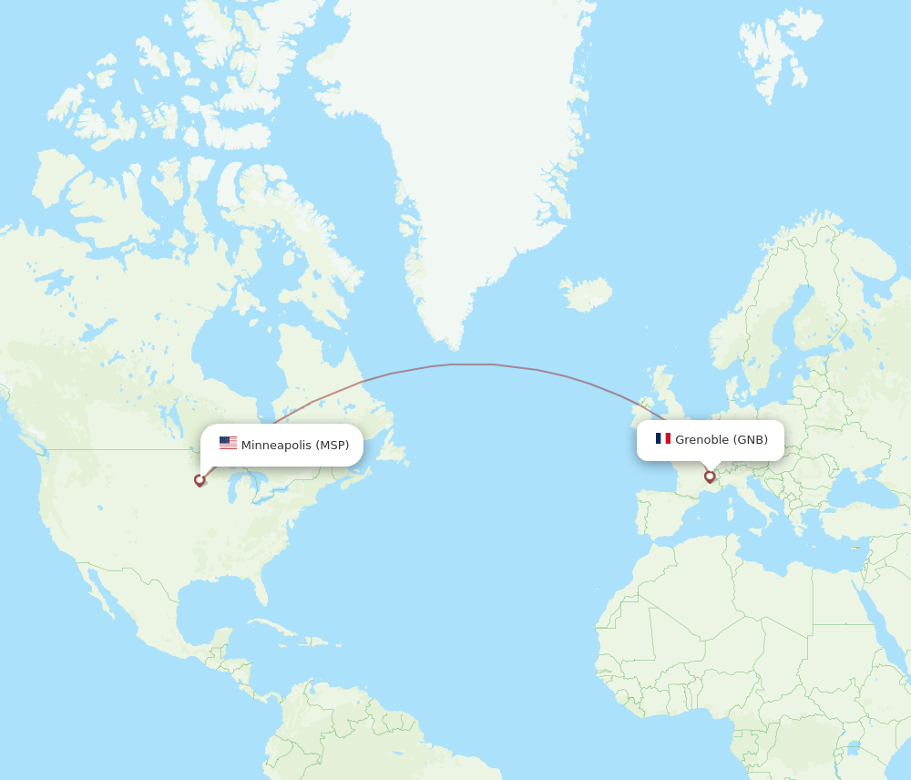 Minneapolis - Grenoble route map and flight paths