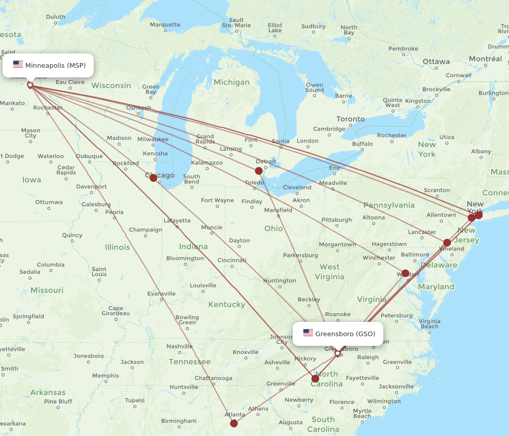 MSP-GSO flight routes