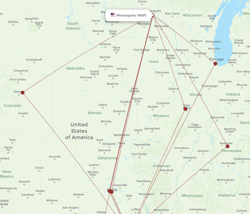 MSP-HOU flight routes