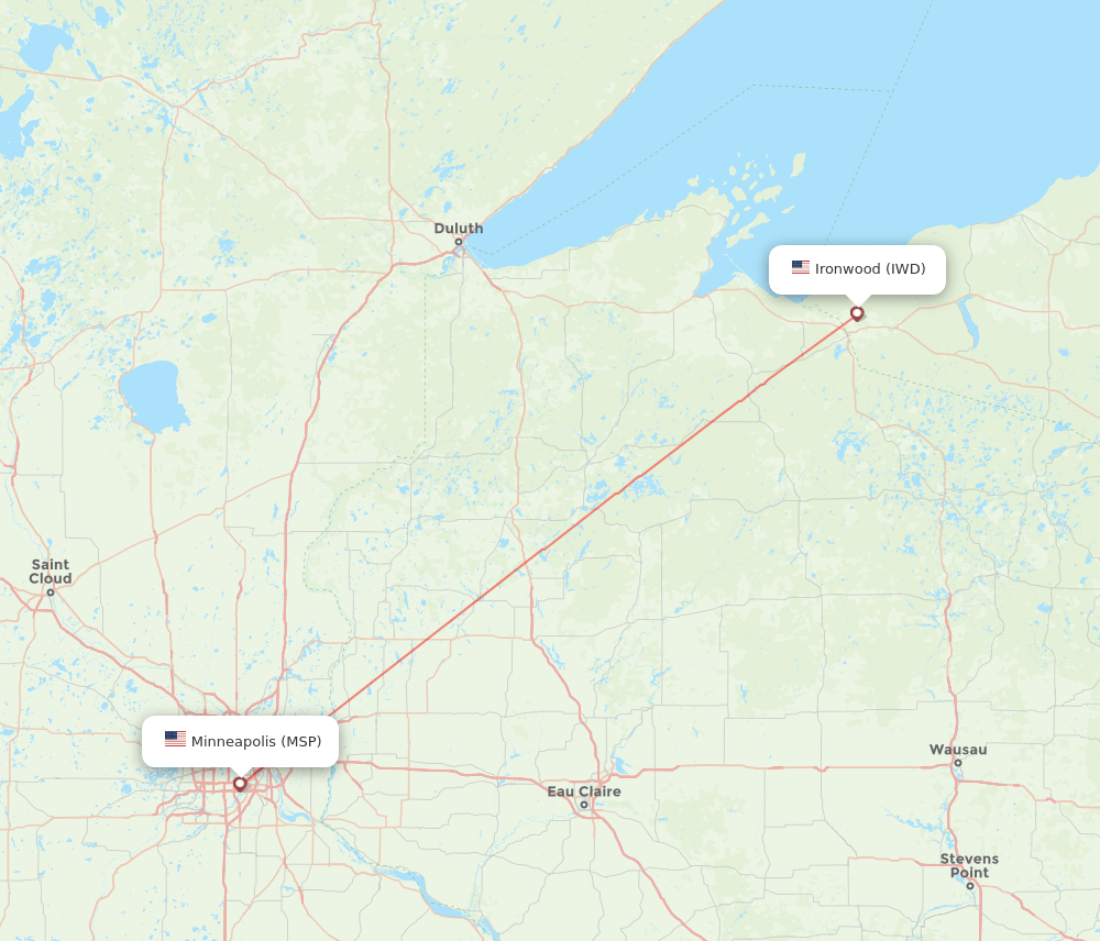 Minneapolis - Ironwood route map and flight paths
