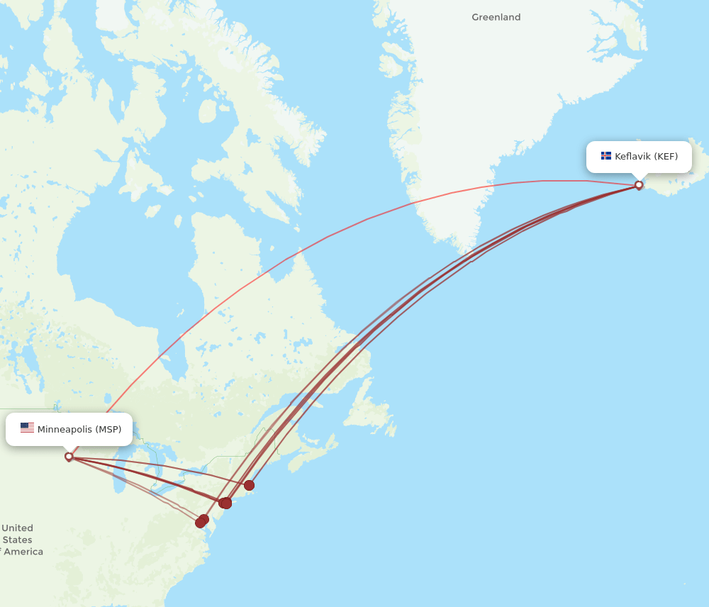 MSP to KEF flights and routes map