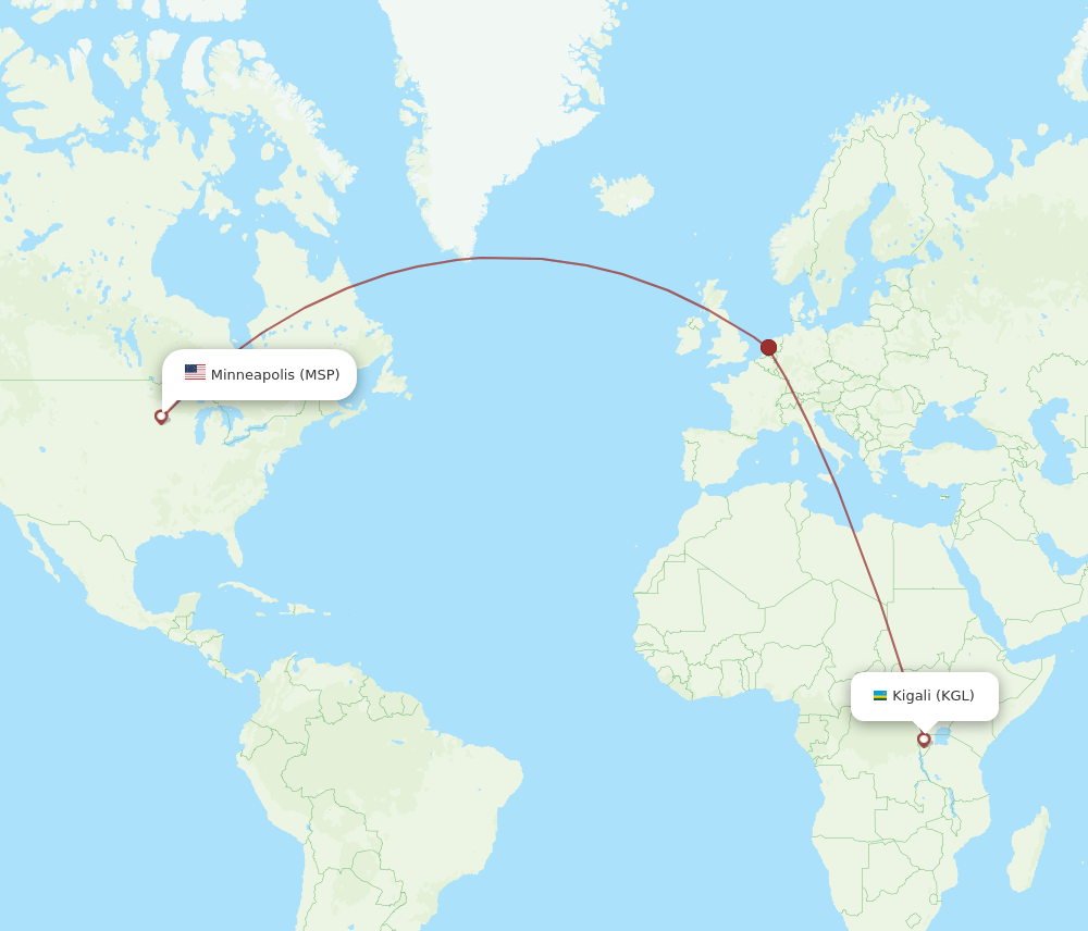Kigali - Minneapolis route map and flight paths