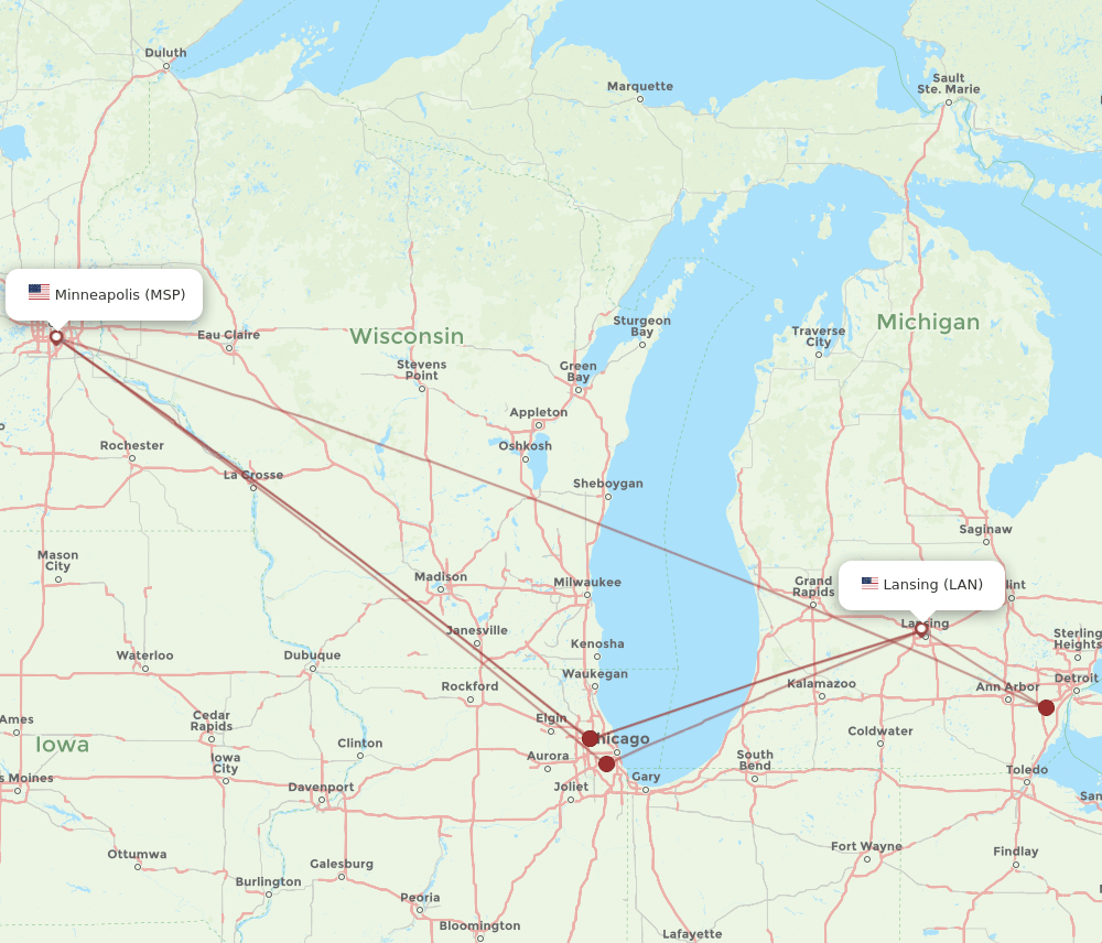 MSP-LAN flight routes