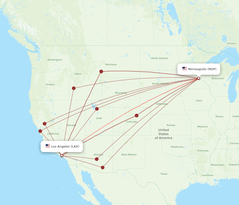 MSP to LAX flights and routes map