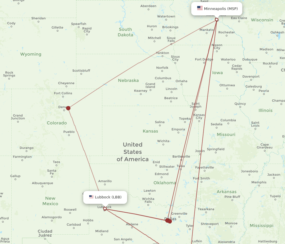 MSP to LBB flights and routes map