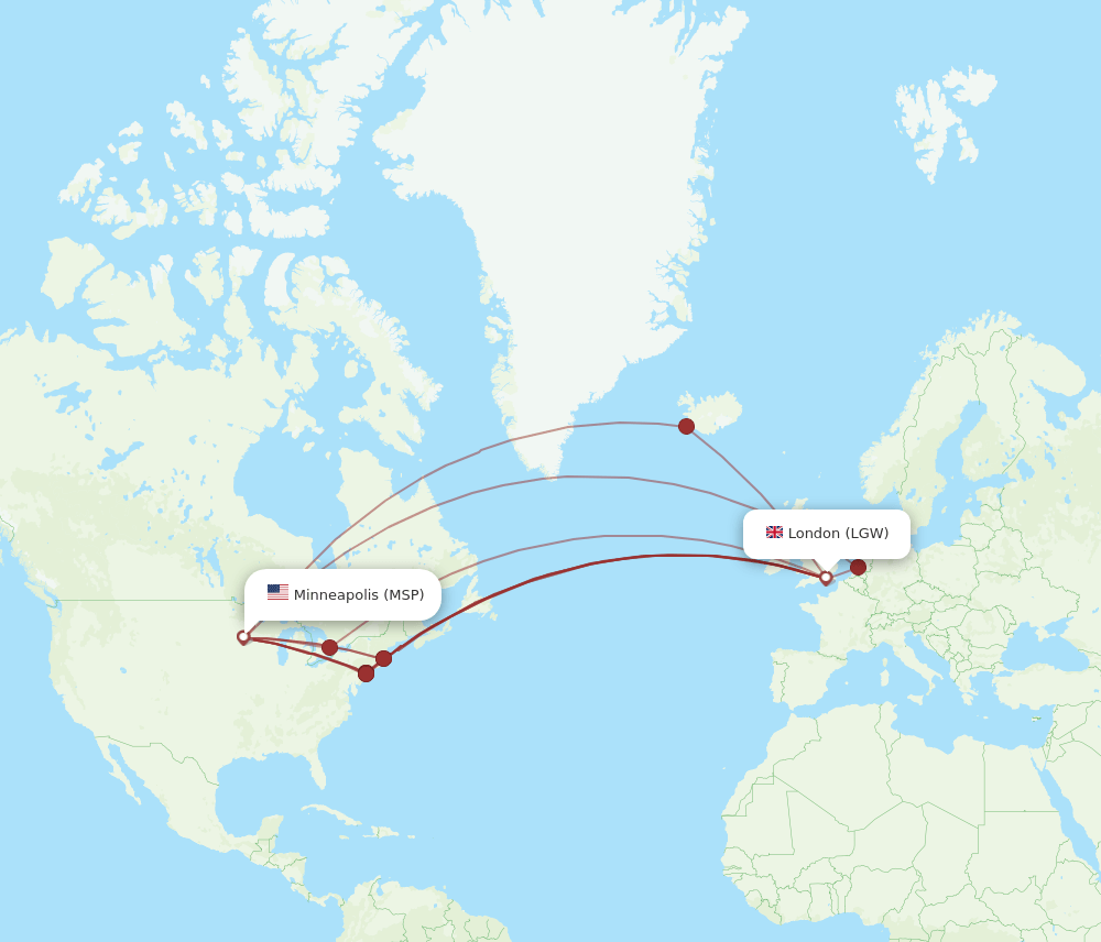 MSP to LGW flights and routes map