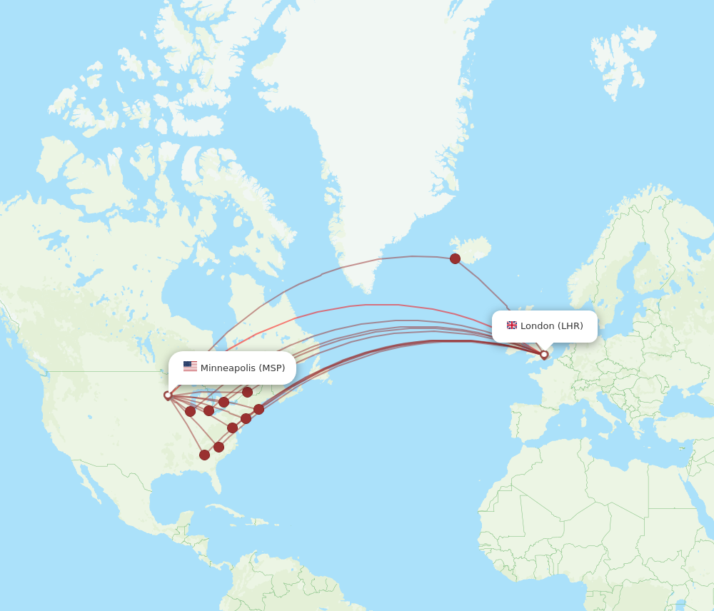 MSP to LHR flights and routes map