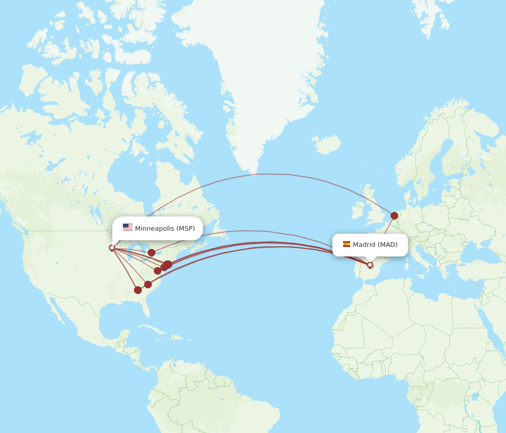 MSP to MAD flights and routes map