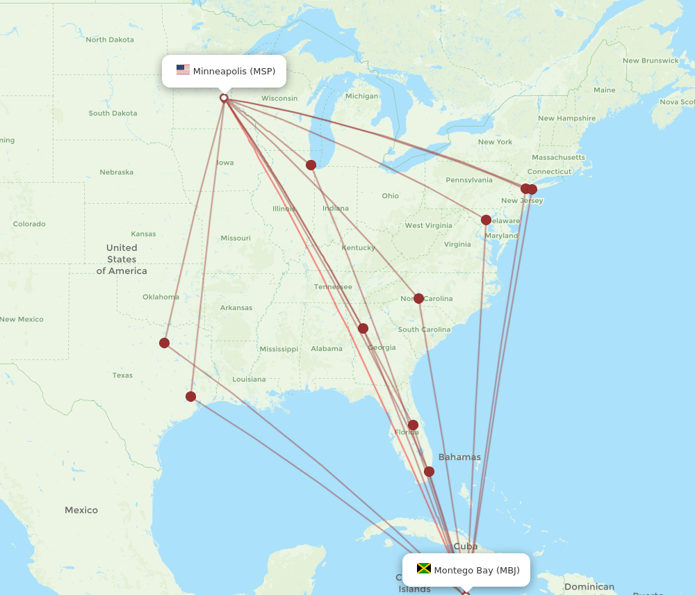 MSP to MBJ flights and routes map