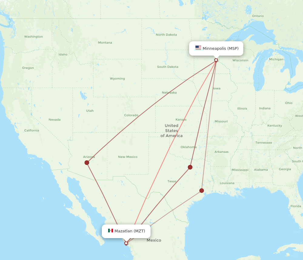 MSP to MZT flights and routes map