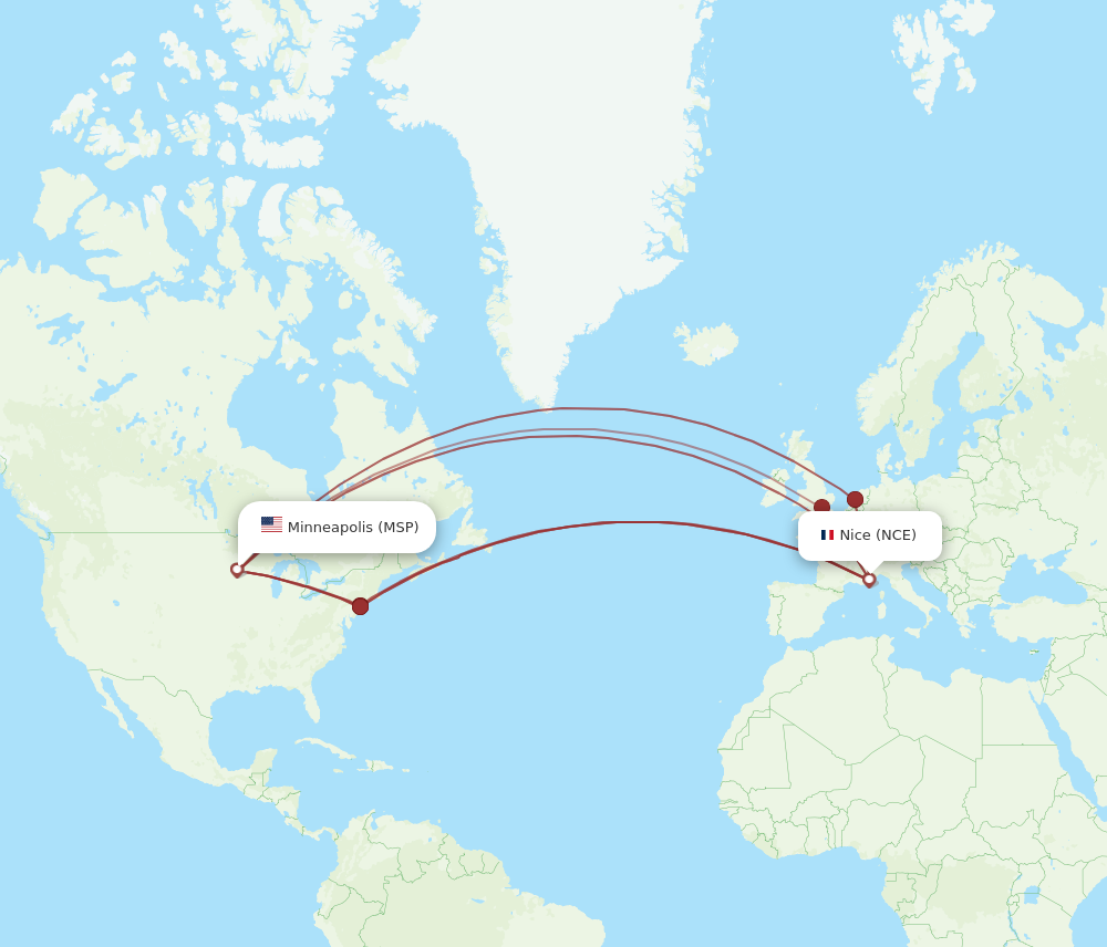 MSP to NCE flights and routes map