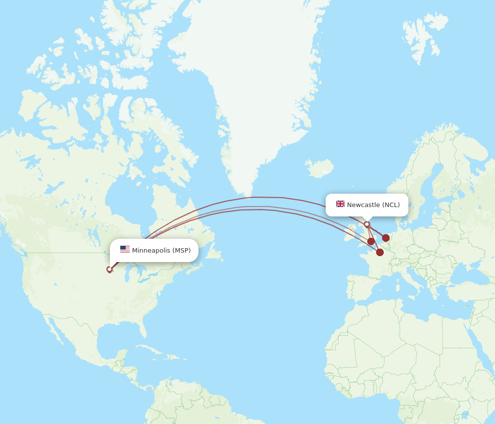 MSP to NCL flights and routes map