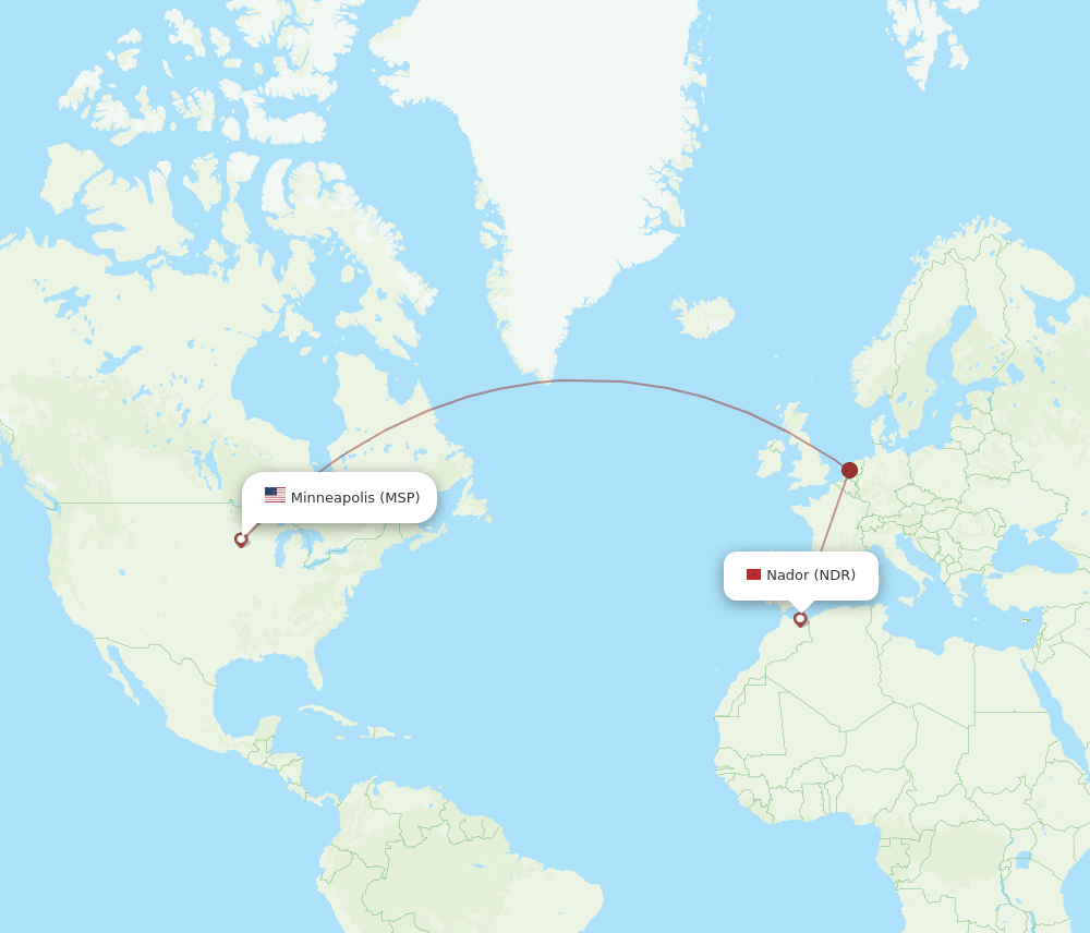 Nador - Minneapolis route map and flight paths