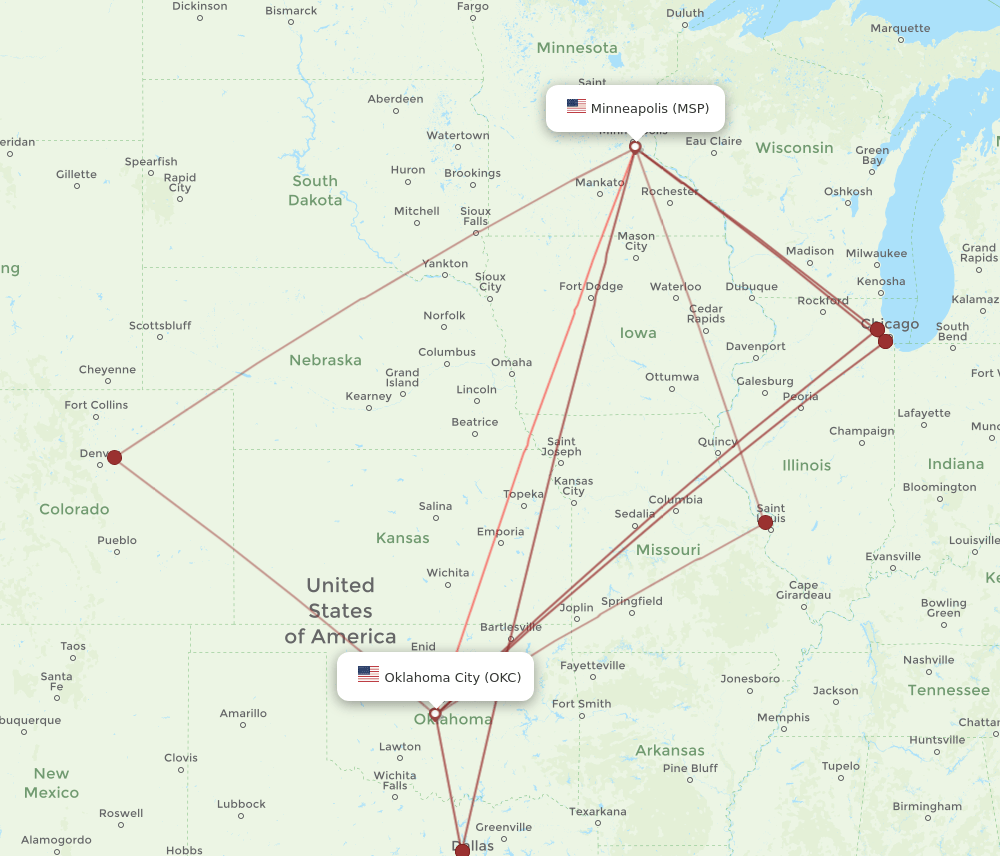 MSP-OKC flight routes