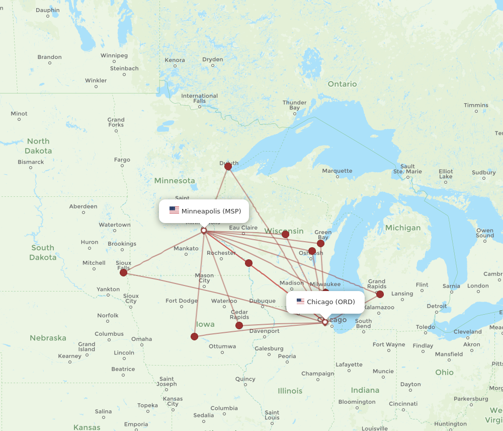 MSP to ORD flights and routes map