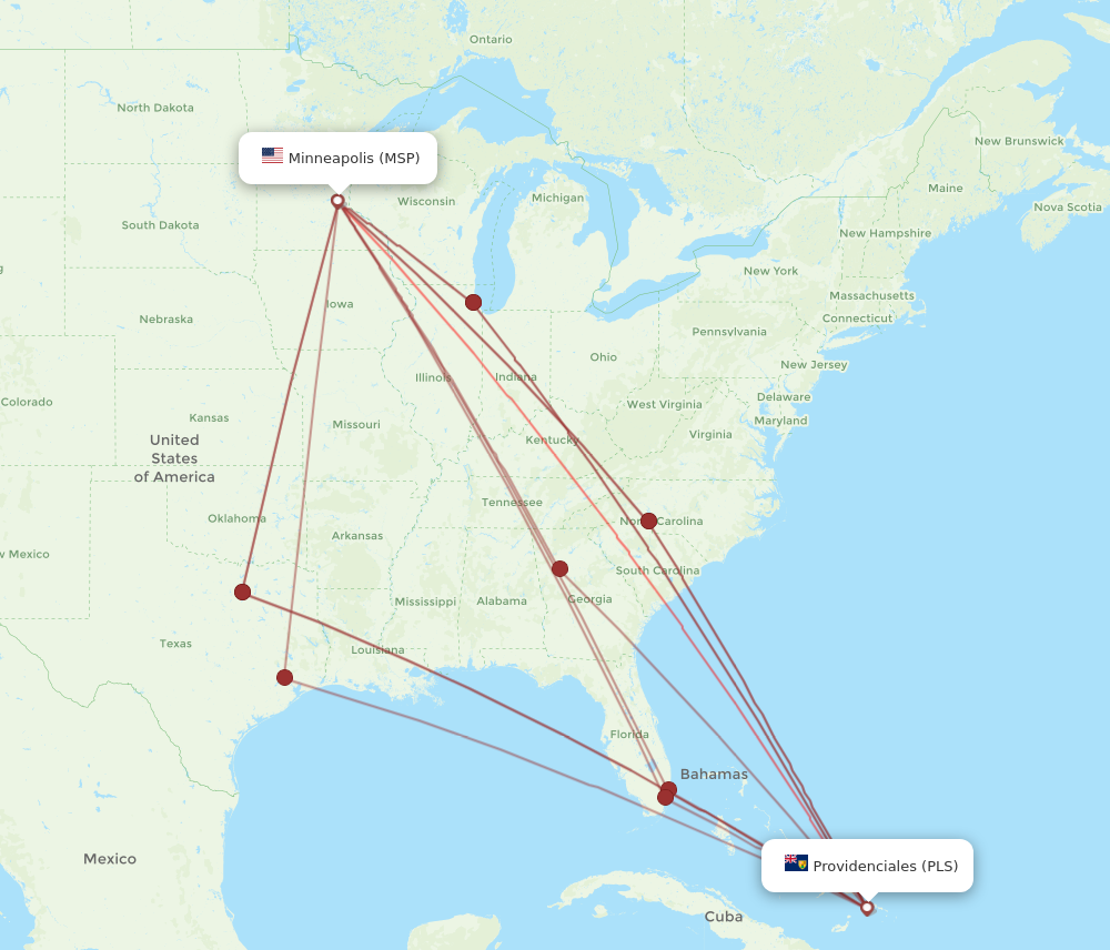 MSP to PLS flights and routes map