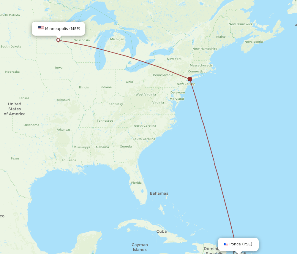Minneapolis - Ponce route map and flight paths