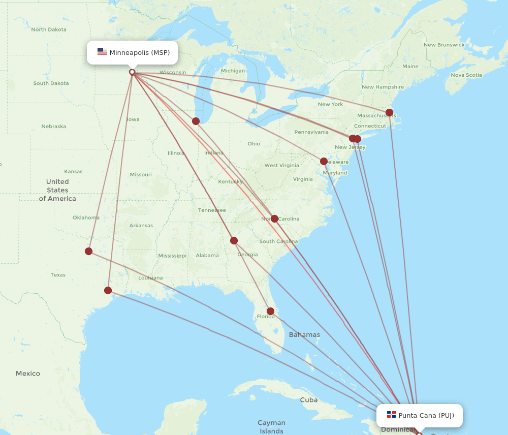 MSP to PUJ flights and routes map