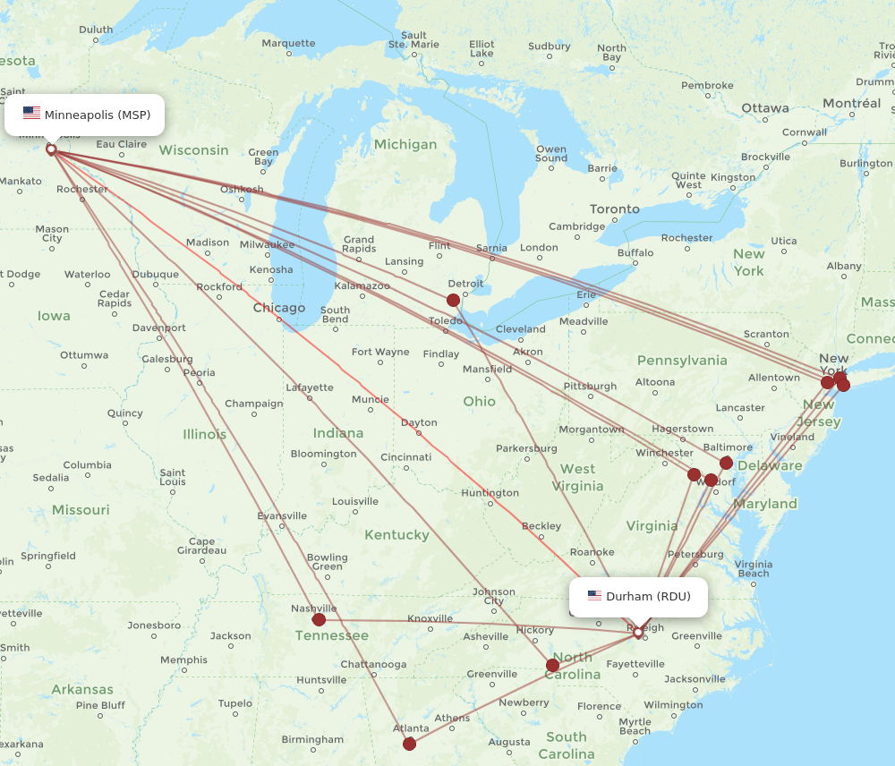 MSP to RDU flights and routes map