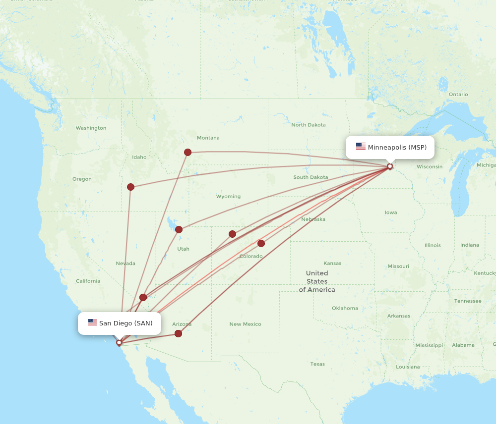 MSP to SAN flights and routes map
