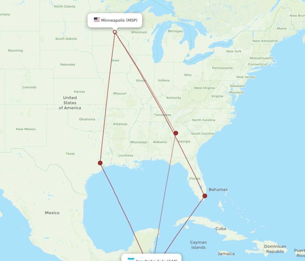 MSP to SAP flights and routes map