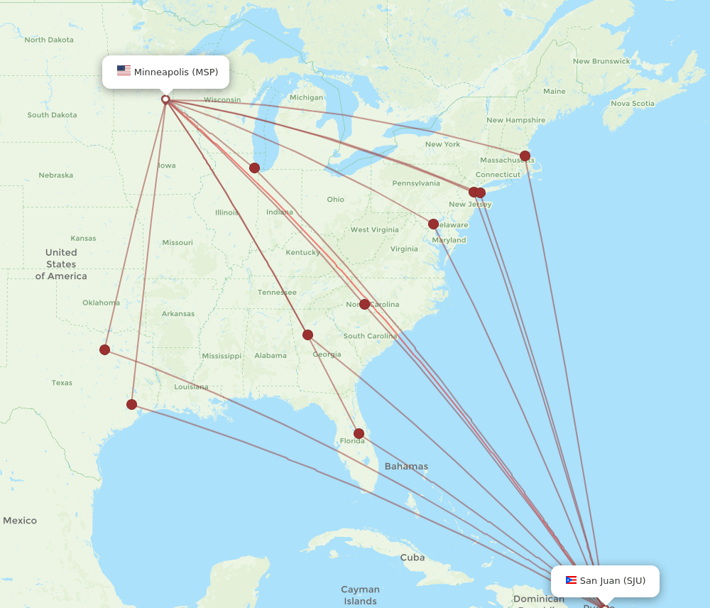 MSP to SJU flights and routes map