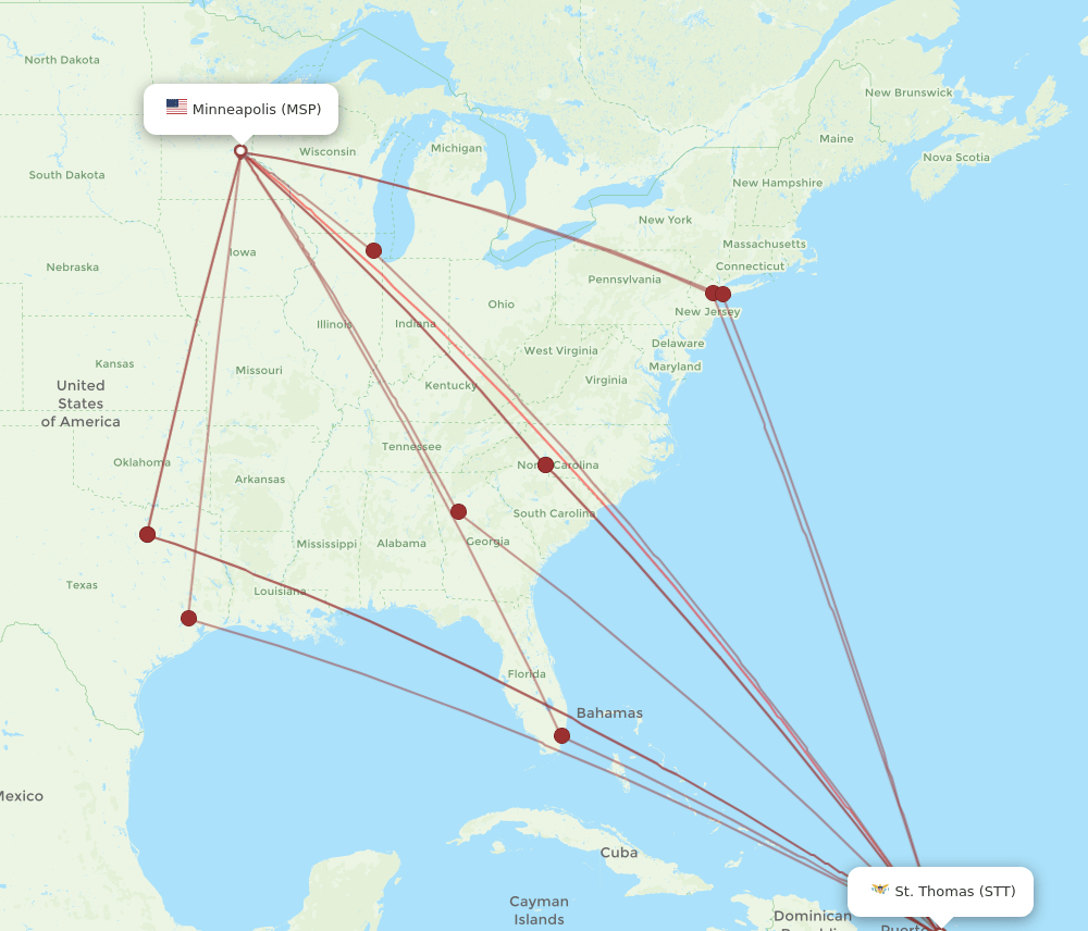 MSP to STT flights and routes map
