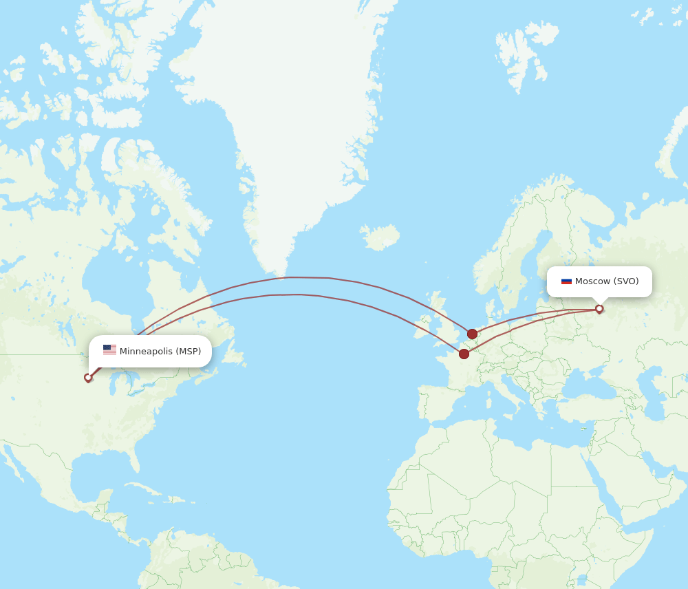 Minneapolis - Moscow route map and flight paths