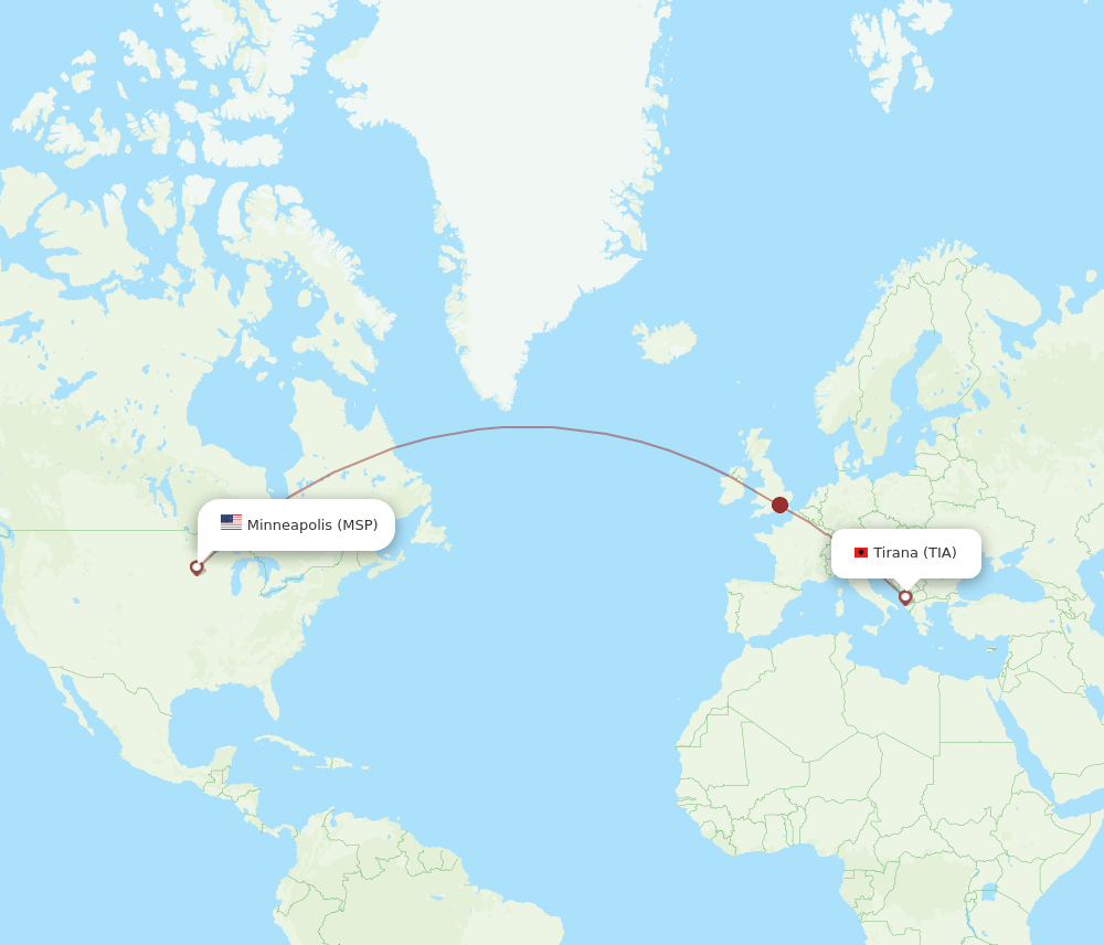 Tirana - Minneapolis route map and flight paths