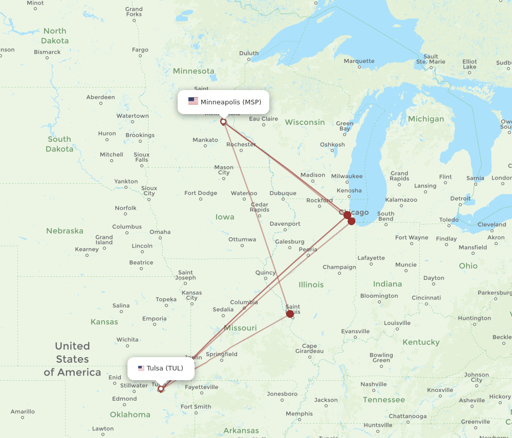 MSP to TUL flights and routes map