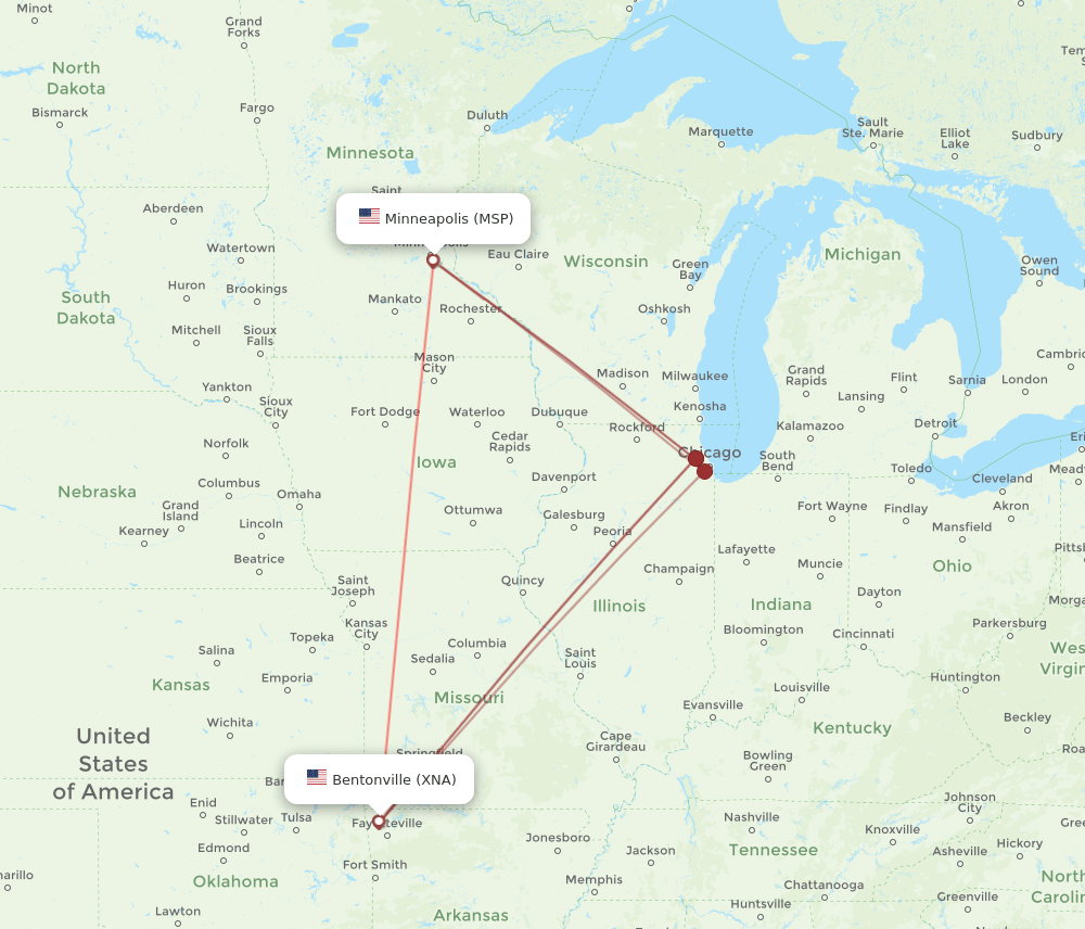 MSP to XNA flights and routes map