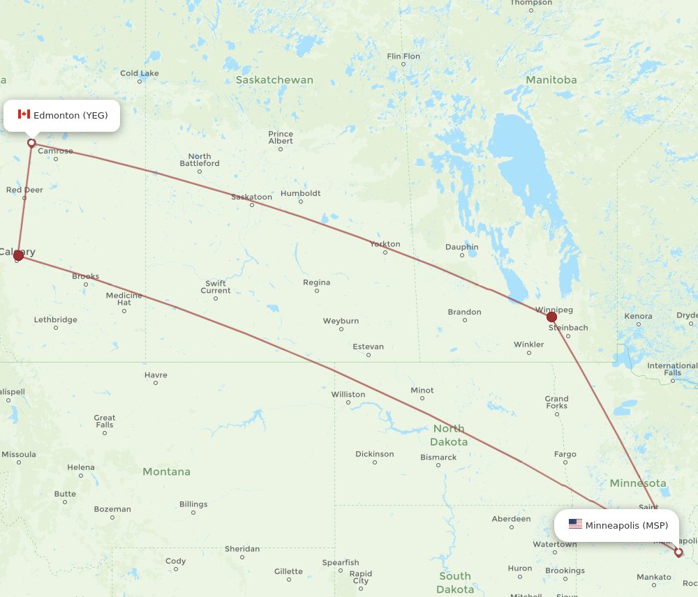 MSP to YEG flights and routes map