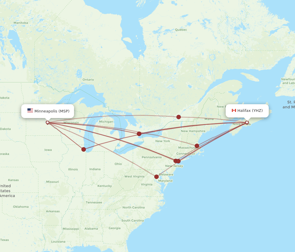 MSP to YHZ flights and routes map