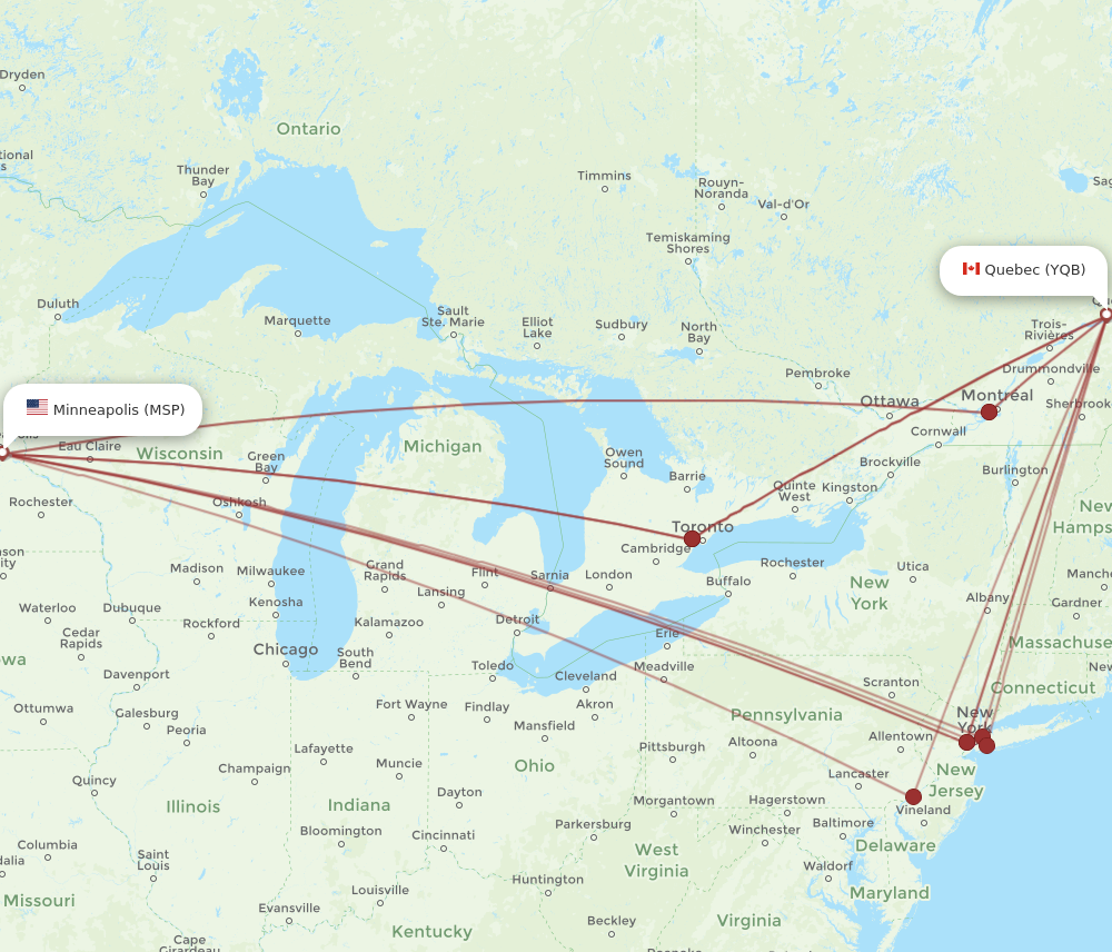 MSP to YQB flights and routes map